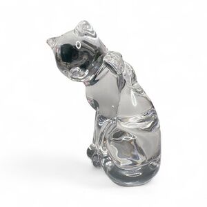 Vintage Bohemia Czech Lead Crystal Clear Kitty Cat Figurine w/ Bow Collar